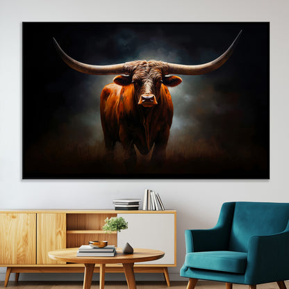 12484-MGV-CV-36X24-Texas Longhorn Wall Art Canvas Print, Framed Western Bull Art Picture Print, Moody Cattle Perfect Moody Western Decor Artwork
