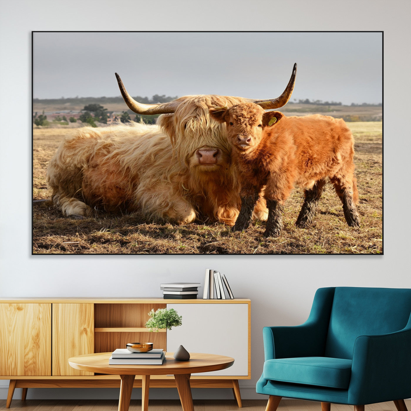 88780-MGV-CV-36X24-Highland Cow Wall Art Canvas Print, Framed Cow Calf Art Picture Print, Scottish Cattle Perfect Rustic Farmhouse Decor Artwork