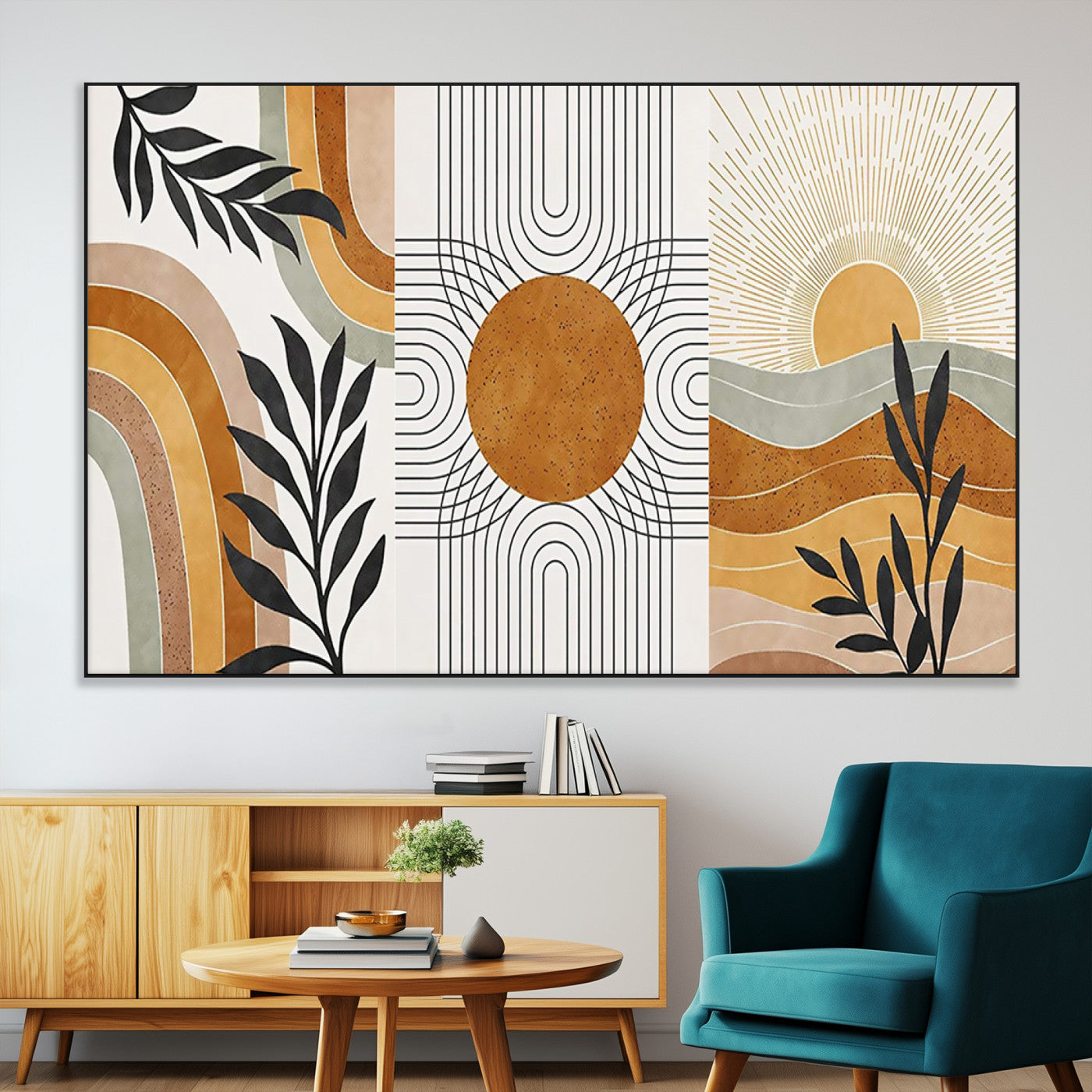 32359-MGV-CV-36X24-Modern Sun Wall Art Canvas Print, Framed Retro Horizon Art Picture Print, Sunburst Design Perfect Mid Century Boho Decor Artwork