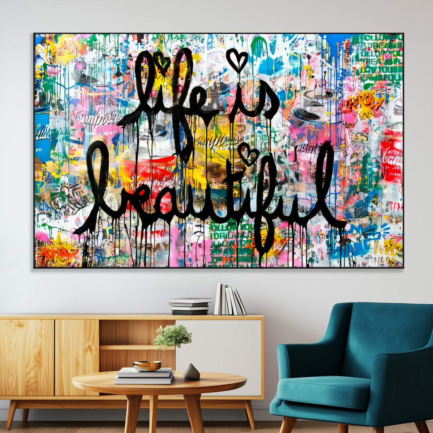 36856-SEG-FC-51X34_Oversize-Life Is Beautiful Wall Art – Colorful Graffiti Canvas Print, Modern Street Style Artwork, Inspirational Decor for Living Room,