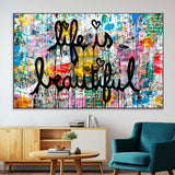 36856-SEG-FC-51X34_Oversize-Life Is Beautiful Wall Art – Colorful Graffiti Canvas Print, Modern Street Style Artwork, Inspirational Decor for Living Room,