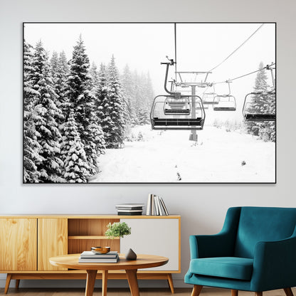 49274-SEG-FC-51X34_Oversize-Snowy Forest Wall Art Canvas Print, Framed Ski Lift Art Picture Print, Mountain Snow Perfect Minimal Winter Lodge Decor Artwork