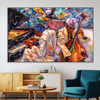 13675-SEG-FC-51X34_Oversize-Jazz Band Wall Art Canvas Print, Framed Jazz Oil Painting Art Picture Print, Vibrant Music Perfect Abstract Musical Decor Artwork