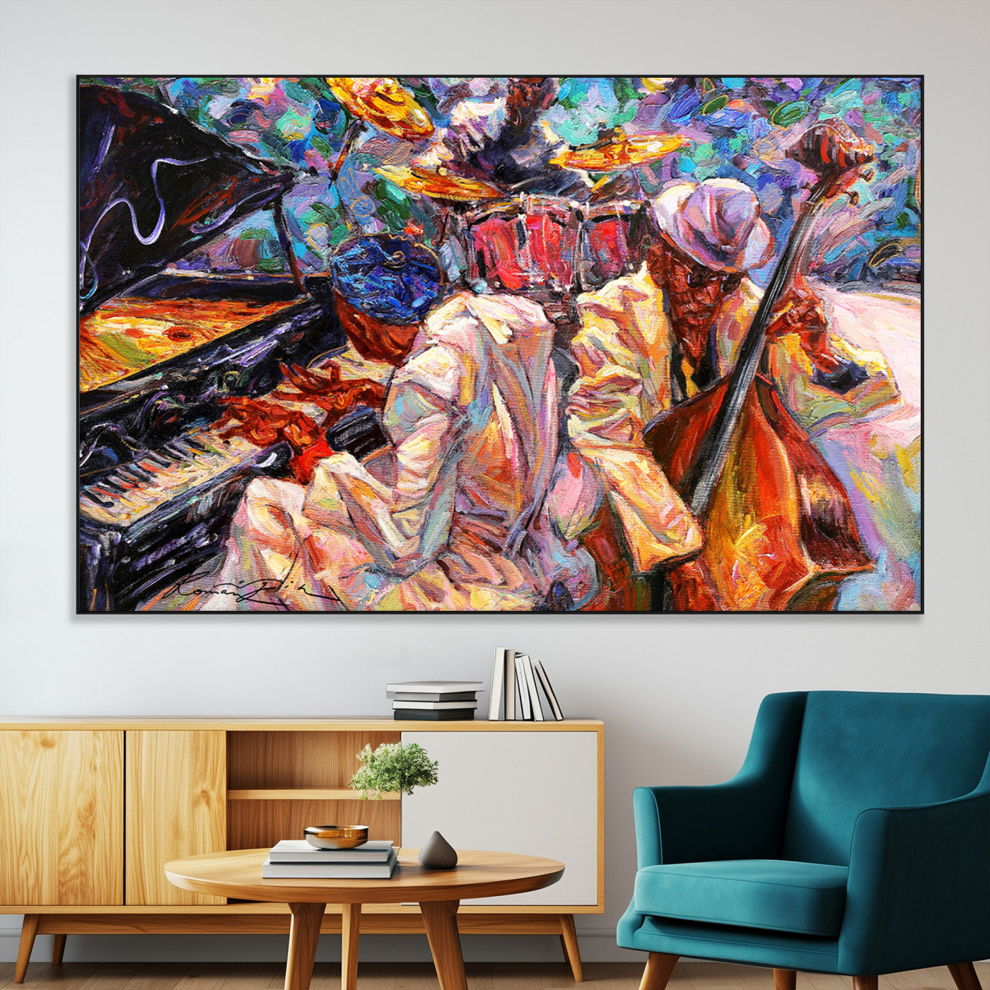 13675-MGV-CV-36X24-Jazz Band Wall Art Canvas Print, Framed Jazz Oil Painting Art Picture Print, Vibrant Music Perfect Abstract Musical Decor Artwork