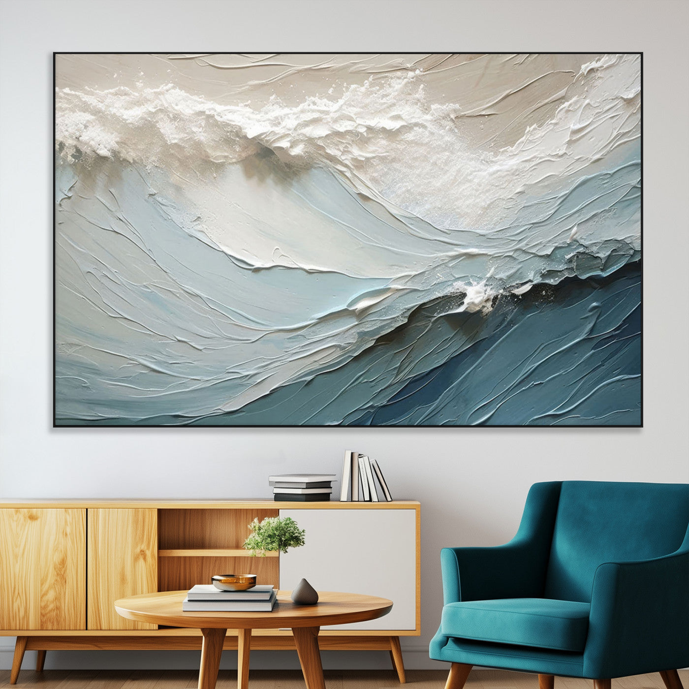 53646-SEG-FC-51X34_Oversize-Ocean Wave Wall Art Canvas Print, Framed Textured Seascape Art Picture Print, Modern Ocean Perfect Minimal Coastal 2/2 Decor