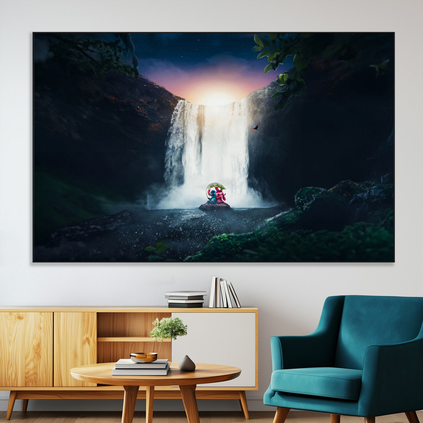 56359-MGV-CV-36X24-Lilo Stitch Wall Art Canvas Print, Framed Stitch Angel Art Picture Print, Cartoon Waterfall Perfect Tropical Fantasy Decor Artwork