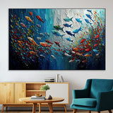 89626-MGV-CV-36X24-Fish Swarm Wall Art Canvas Print, Framed Abstract Ocean Art Picture Print, Underwater Life Perfect Vibrant Coastal Decor Artwork