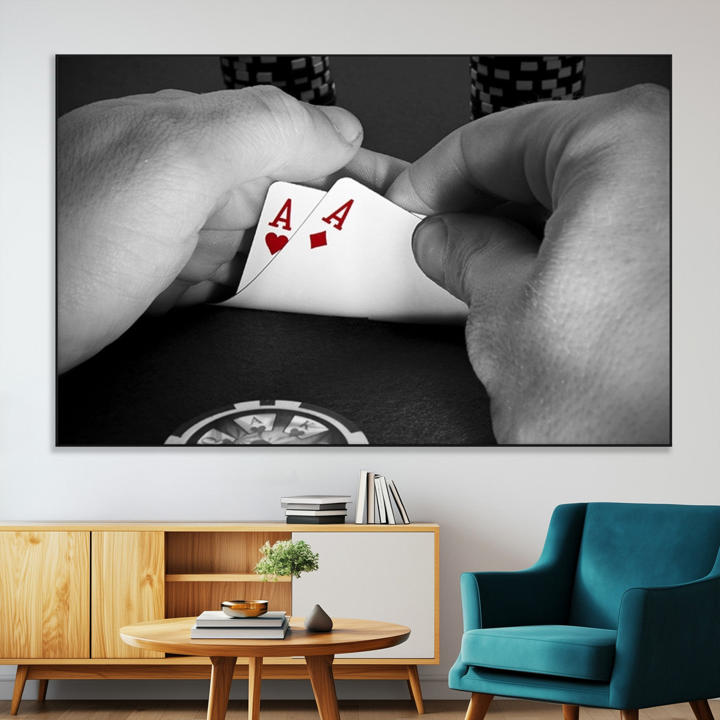 62460-MGV-CV-36X24-Poker Game Wall Art – Close Up of Hands Holding Aces with Chips, Casino Style Decor for Game Room, Man Cave or Office