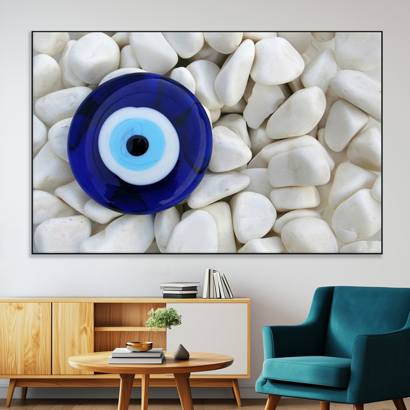 48883-MGV-CV-36X24-Evil Eye Wall Art – Deep Blue Symbol of Presence and Calm on White Stones, Subtle Spiritual Decor for Entryway, Studio, Office or