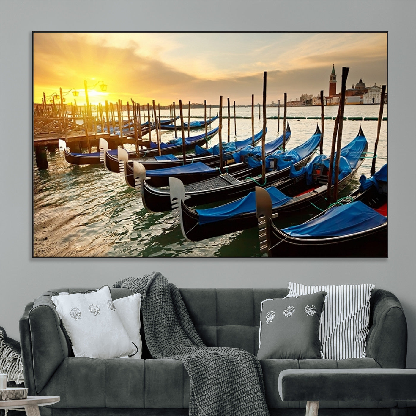 25872-MGV-CV-36X24-Venetian Gondola Dock Wall Art – Serene Sunset Canal Canvas Print, Tranquil Water Travel Decor for Office, Living Room, or Man