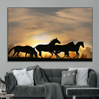 16620-MGV-CV-36X24-Sunset Stallions Wall Art – Silhouetted Horses Running Canvas Print, Nature’s Rhythm, Perfect for Living Room, Office, or Man Cave