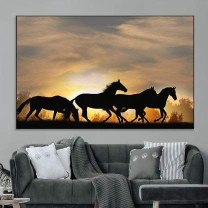 16620-MGV-CV-36X24-Sunset Stallions Wall Art – Silhouetted Horses Running Canvas Print, Nature’s Rhythm, Perfect for Living Room, Office, or Man Cave