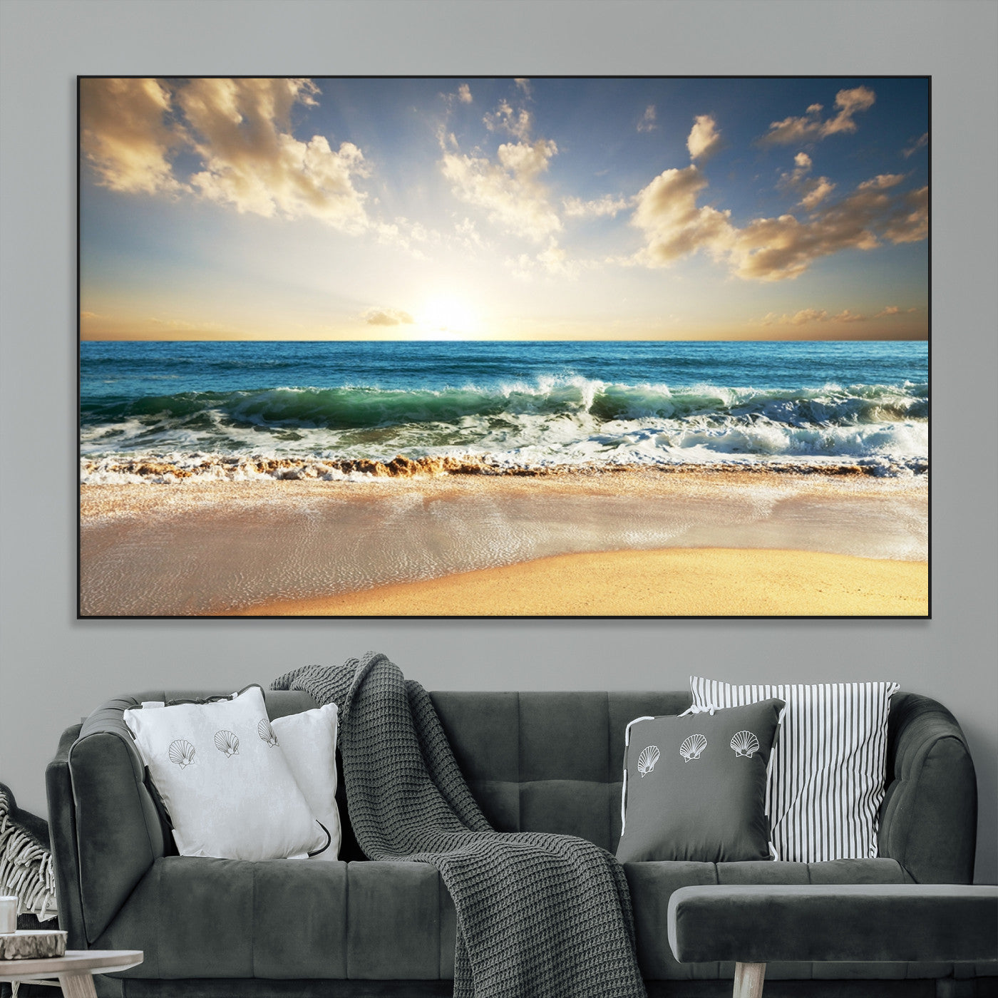 13139-SEG-FC-51X34_Oversize_Oversize-Sunrise Beach Wall Art – Ocean Waves and Golden Sand Canvas Print, Coastal Home Decor for Living Room, Bedroom, or Office