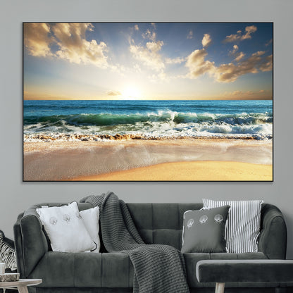13139-SEG-FC-51X34_Oversize_Oversize-Sunrise Beach Wall Art – Ocean Waves and Golden Sand Canvas Print, Coastal Home Decor for Living Room, Bedroom, or Office