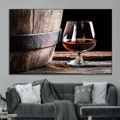 50839-MGV-CV-36X24-Barrel & Brandy Wall Art – Rustic Whiskey Barrel and Brandy Glass Canvas Print, Elegant Home Bar or Lounge Decor for Office, Man