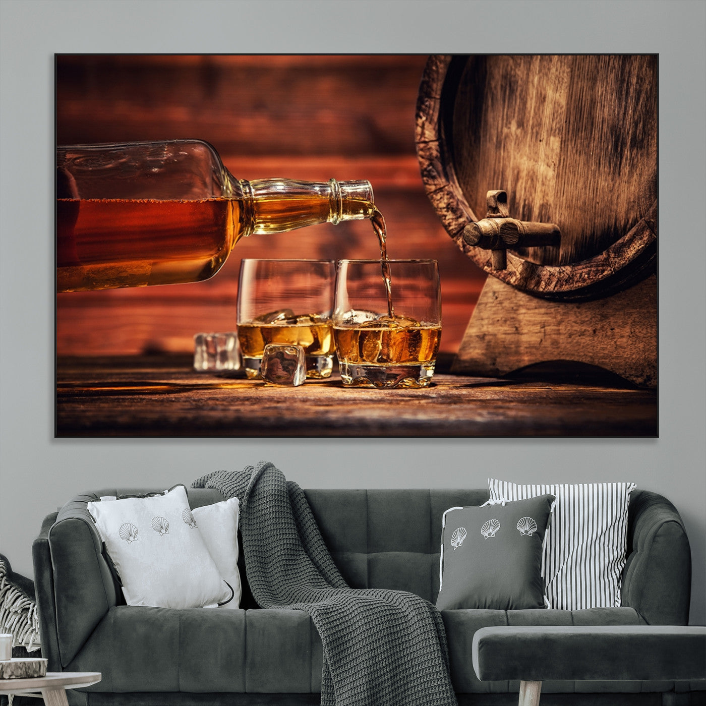 52458-SEG-FC-51X34_Oversize_Oversize-Whiskey Pour Wall Art – Elegant Whiskey Bottle Pouring into Glasses Canvas Print, Refined Bar or Lounge Decor for Home, Office, or
