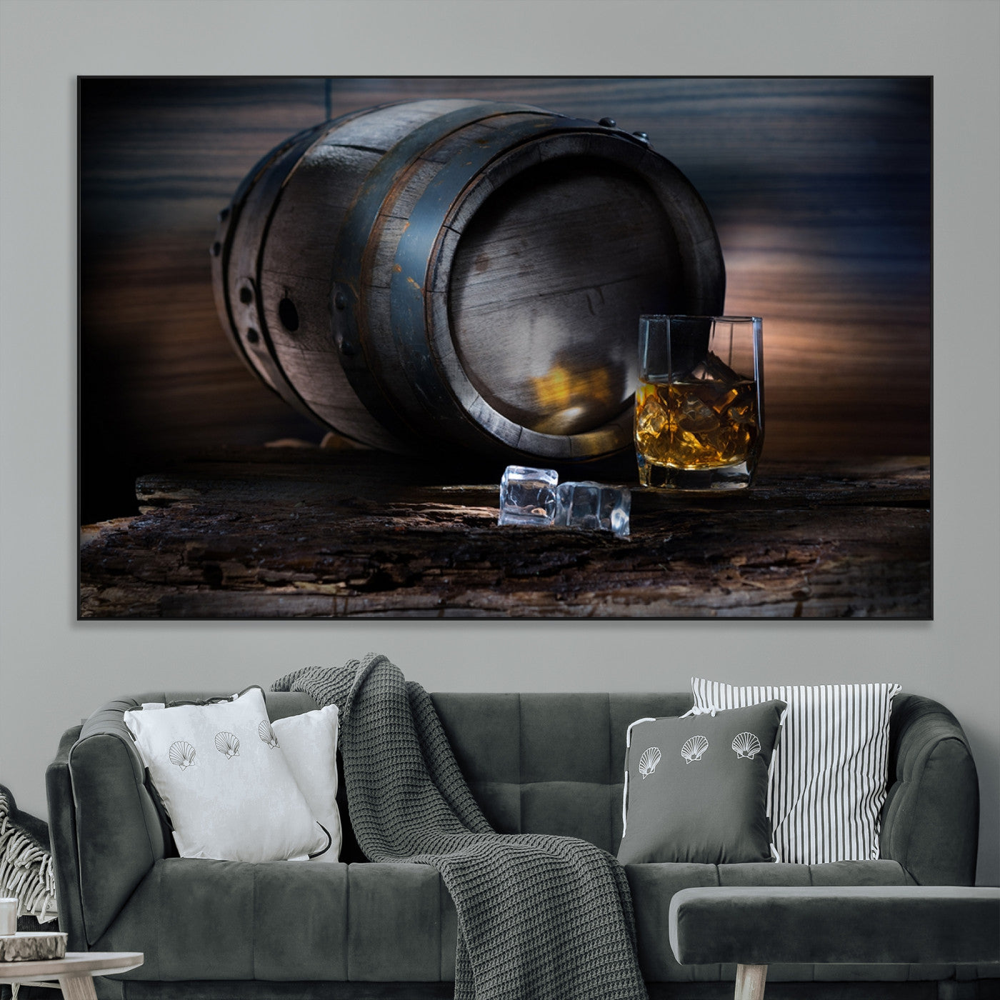 78049-MGV-CV-36X24-Whiskey Barrel Wall Art – Rustic Whiskey Barrel and Glass with Ice Canvas Print, Classic Bar or Lounge Decor for Home, Office, or