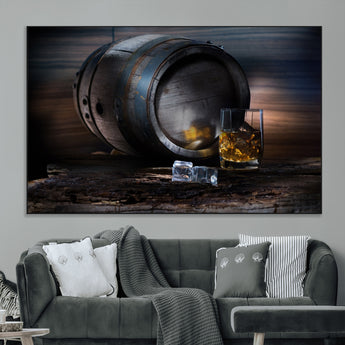 78049-MGV-CV-36X24-Whiskey Barrel Wall Art – Rustic Whiskey Barrel and Glass with Ice Canvas Print, Classic Bar or Lounge Decor for Home, Office, or
