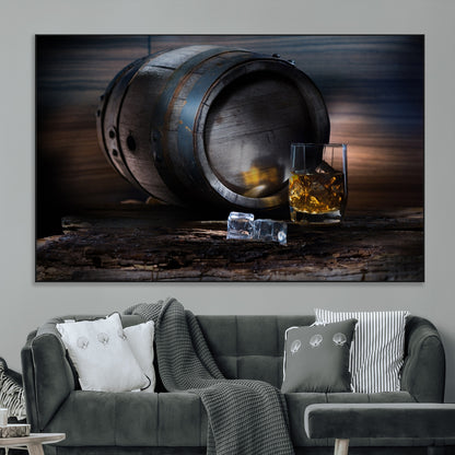 78049-MGV-CV-36X24-Whiskey Barrel Wall Art – Rustic Whiskey Barrel and Glass with Ice Canvas Print, Classic Bar or Lounge Decor for Home, Office, or