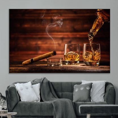 91042-MGV-CV-36X24-Whiskey & Cigar Wall Art – Elegant Whiskey Pour and Smoldering Cigar Canvas Print, Sophisticated Bar or Lounge Decor for Home,