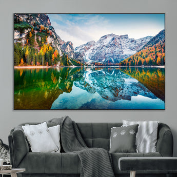 10402-SEG-FC-51X34_Oversize_Oversize-Snowy Mountain Lake Wall Art – Autumn Landscape Canvas Print with Reflection, Nature Decor for Living Room, Office, Bedroom or