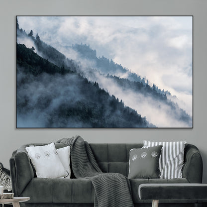 85737-MGV-CV-36X24-Misty Mountain Wall Art – Atmospheric Pine Forest Canvas Print with Fog and Mist, Calm Nature Decor for Living Room, Bedroom,
