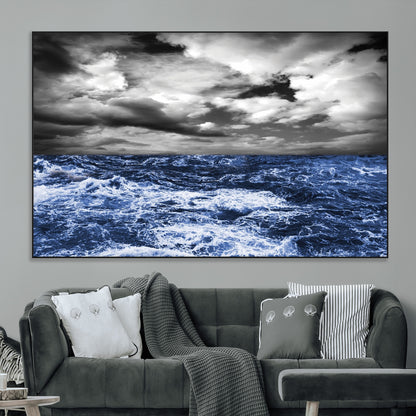 36012-SEG-FC-51X34_Oversize_Oversize-Dramatic Stormy Ocean Waves Black and White with Deep Blue Highlights – Moody Seascape Wall Art, Nature Photography Print for Home