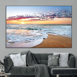 39560-MGV-CV-36X24-Sunrise Beach Wall Art – Vibrant Ocean Waves and Golden Sand Canvas Print, Seaside Coastal Decor for Living Room, Bedroom or