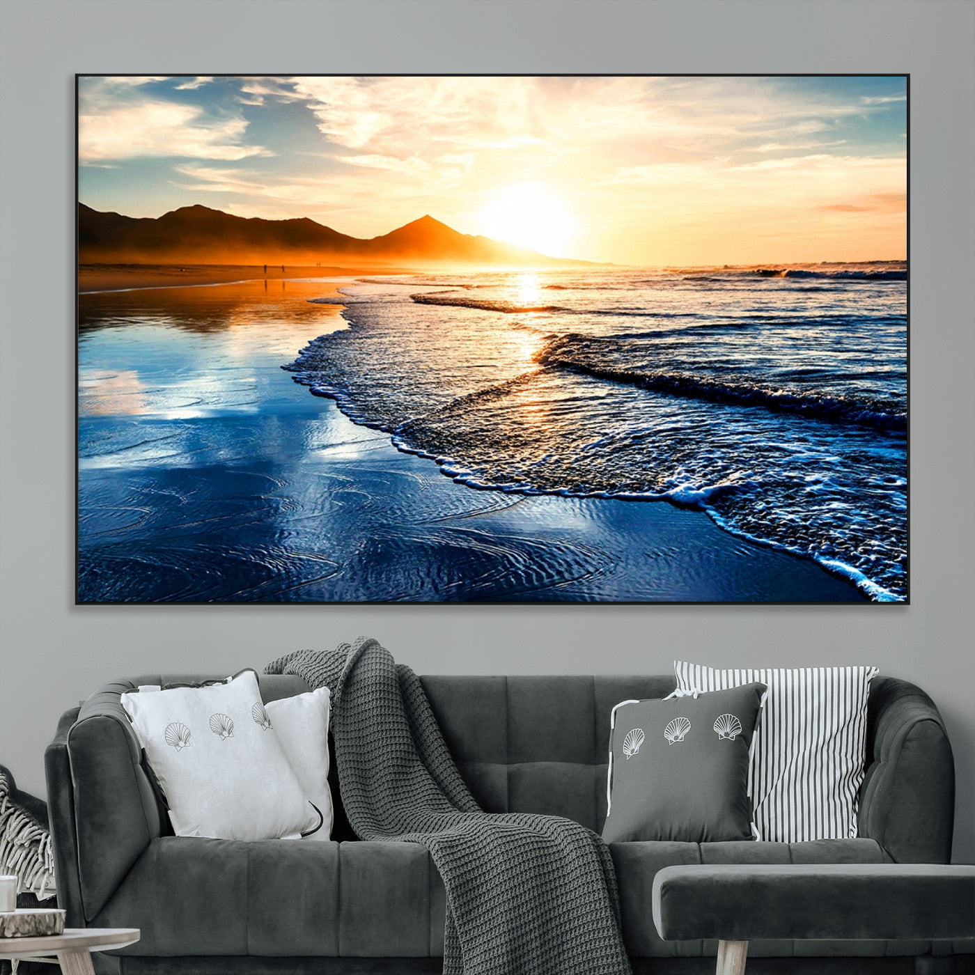 86173-MGV-CV-36X24-Golden Sunset Beach Wall Art – Reflective Ocean Canvas Print with Mountains and Waves, Coastal Nature Decor for Living Room,
