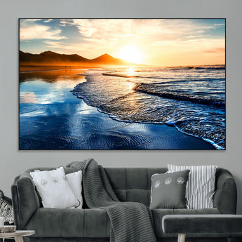 86173-MGV-CV-36X24-Golden Sunset Beach Wall Art – Reflective Ocean Canvas Print with Mountains and Waves, Coastal Nature Decor for Living Room,