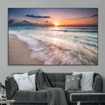 71849-MGV-CV-36X24-Sunrise Ocean Beach Wall Art – Serene Seascape Canvas Print with Gentle Waves, Coastal Nature Decor for Bedroom, Living Room or