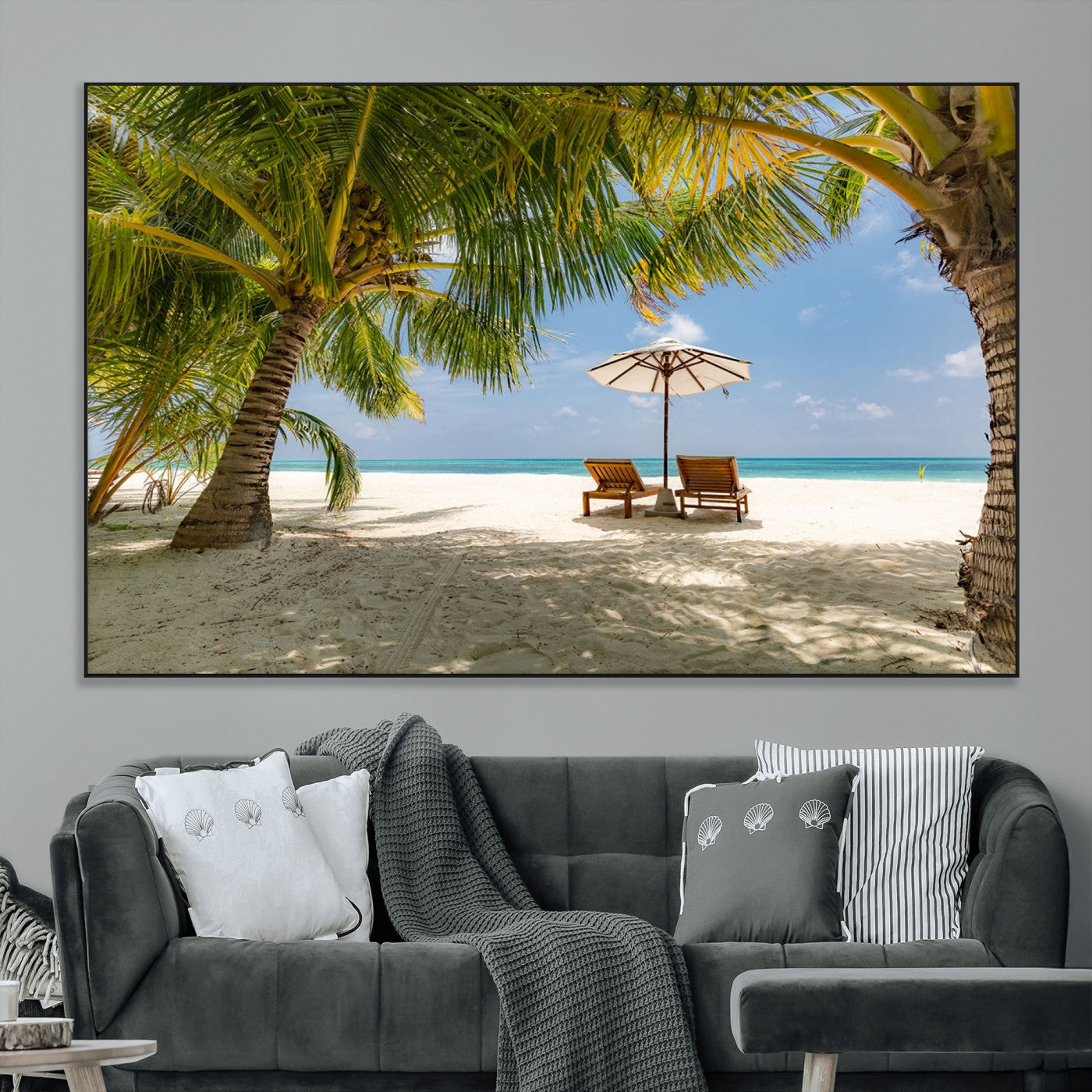 83601-MGV-CV-36X24-Tropical Beach Wall Art – Serene Palm Trees and Lounge Chairs Canvas Print, Relaxing Coastal Decor for Living Room, Bedroom or