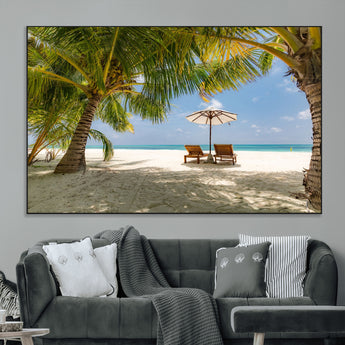 83601-MGV-CV-36X24-Tropical Beach Wall Art – Serene Palm Trees and Lounge Chairs Canvas Print, Relaxing Coastal Decor for Living Room, Bedroom or