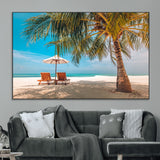 69754-MGV-CV-36X24-Tropical Beach Wall Art – Relaxing Palm Tree and Lounge Chairs Canvas Print, Serene Coastal Decor for Living Room, Bedroom, Office