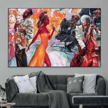 24452-MGV-CV-36X24-Vibrant Jazz Musician Painting - Expressive Art Print of Live Jazz Band, Perfect Wall Decor for Music Lovers and Art Enthusiasts