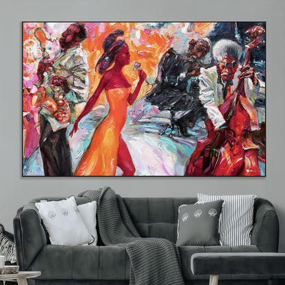 24452-MGV-CV-36X24-Vibrant Jazz Musician Painting - Expressive Art Print of Live Jazz Band, Perfect Wall Decor for Music Lovers and Art Enthusiasts