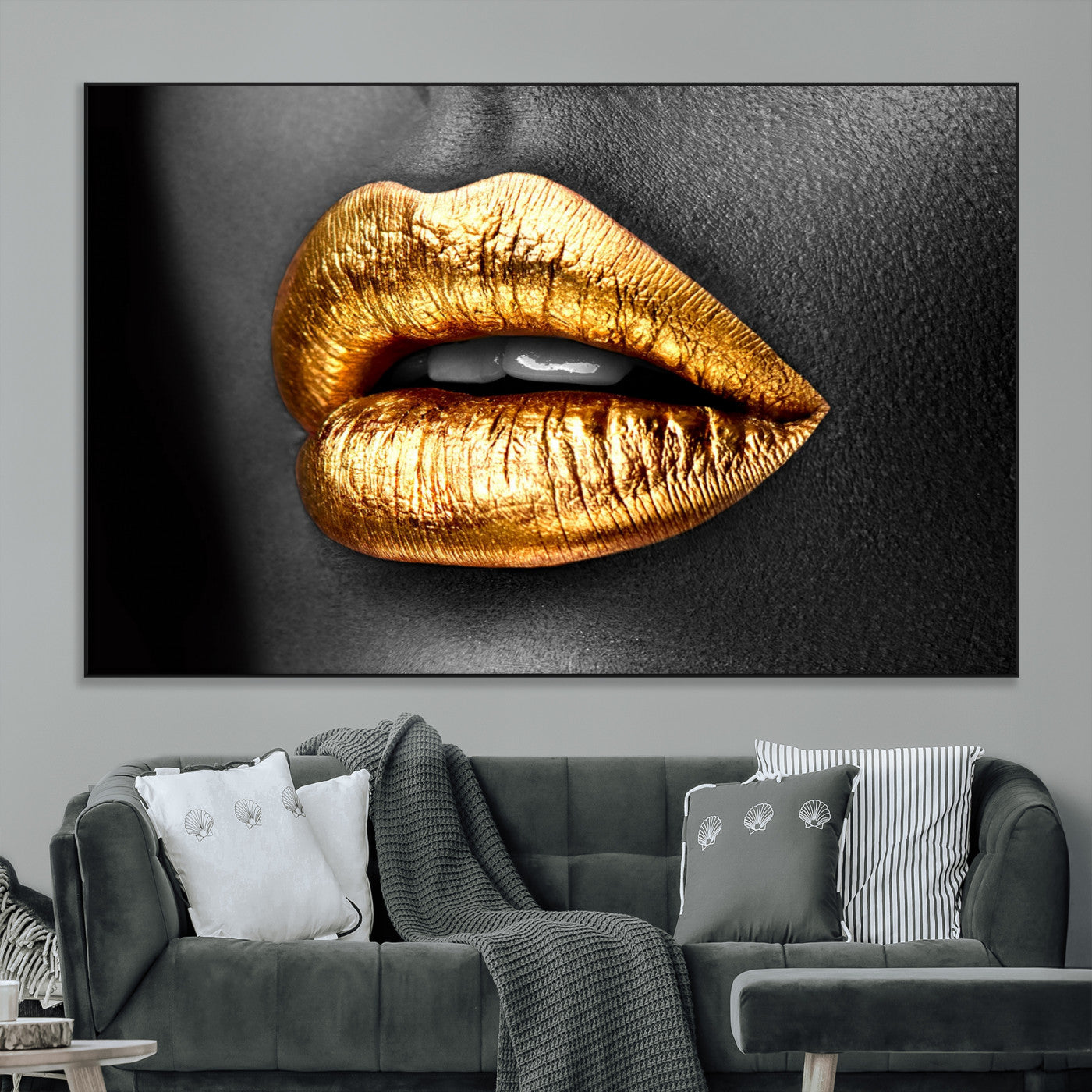 84747-MGV-CV-36X24-Golden Lips Black & White Portrait – Glamorous Metallic Lip Art Print, Modern Wall Decor for Bedroom, Beauty & Fashion Lover Gift
