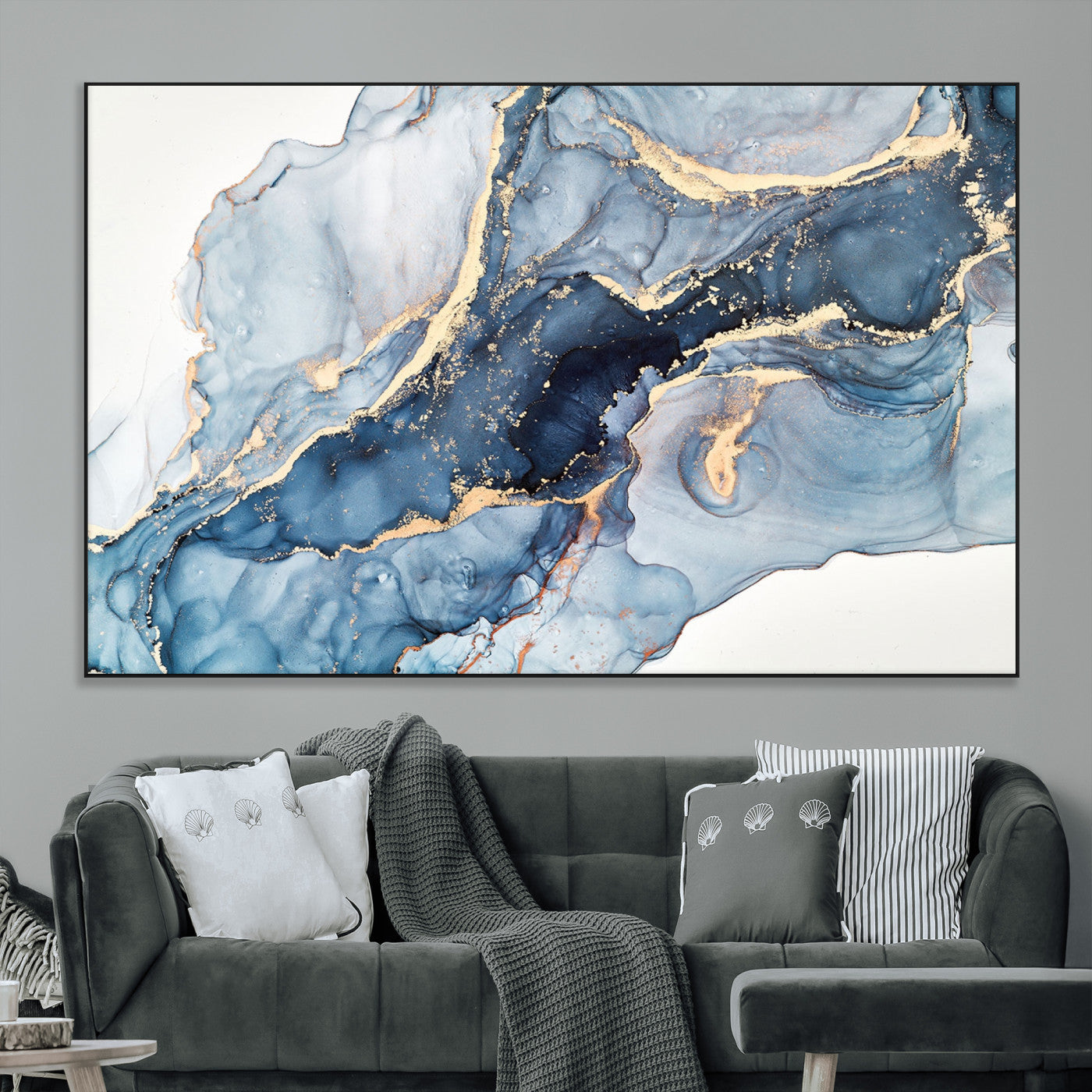 33782-MGV-CV-36X24-Abstract Marble Wall Art – Blue & Gold Fluid Painting Canvas Print, Modern Home Decor for Living Room, Bedroom or Office