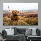 79391-MGV-CV-36X24-Majestic Highland Cow in Misty Scottish Moorland – Rustic Natural Charm, Perfect for Unique Home or Office Decor