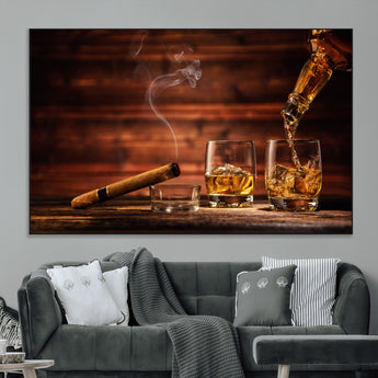41139-MGV-CV-36X24-Whiskey and Cigar Still Life – Glasses with Ice and Pouring Amber Drink on Wooden Table with Smoke, Elegant Bar or Lounge Wall