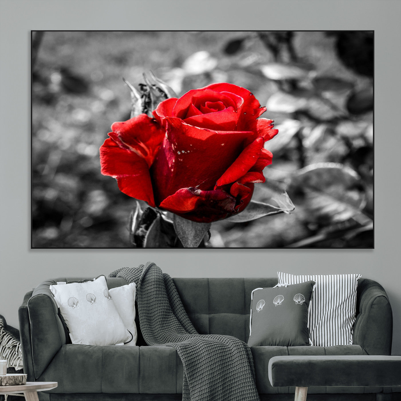 84671-MGV-CV-36X24-Red Rose Wall Art – Vibrant Single Bloom Canvas Print with Black and White Background, Elegant Floral Decor for Living Room,
