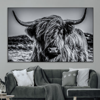 97372-MGV-CV-36X24-Elegant Highland Cow Wall Art – Black and White Canvas Print, Rustic Nature Decor for Home, Office, Living Room or Man Cave