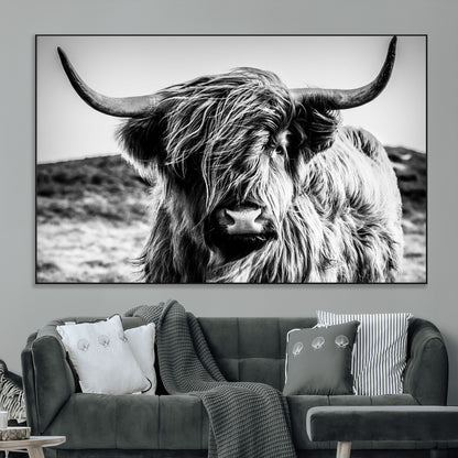 36979-MGV-CV-36X24-Striking black-and-white portrait of a Highland cow with flowing fur and majestic horns, perfect for rustic and elegant home or