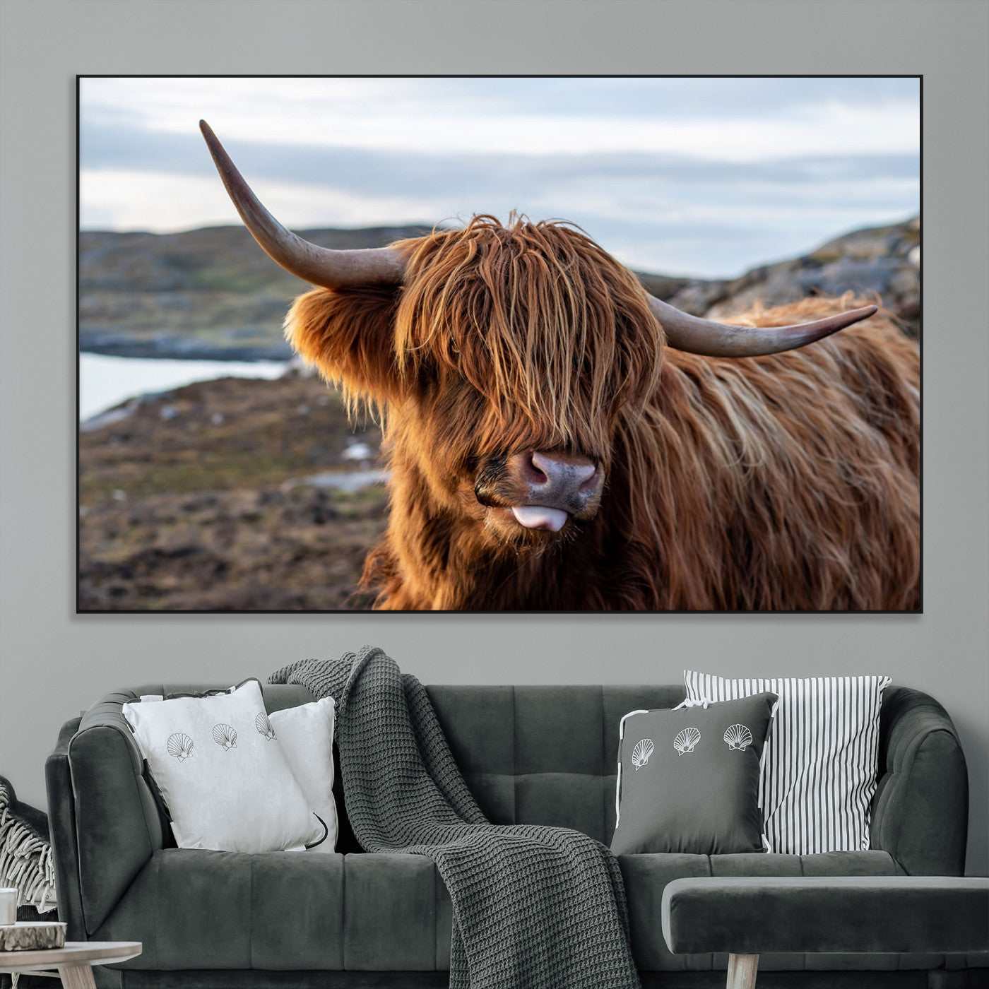 71222-MGV-CV-36X24-A playful Highland cow with shaggy fur sticks out its tongue, set against a rugged landscape — perfect for quirky home or office
