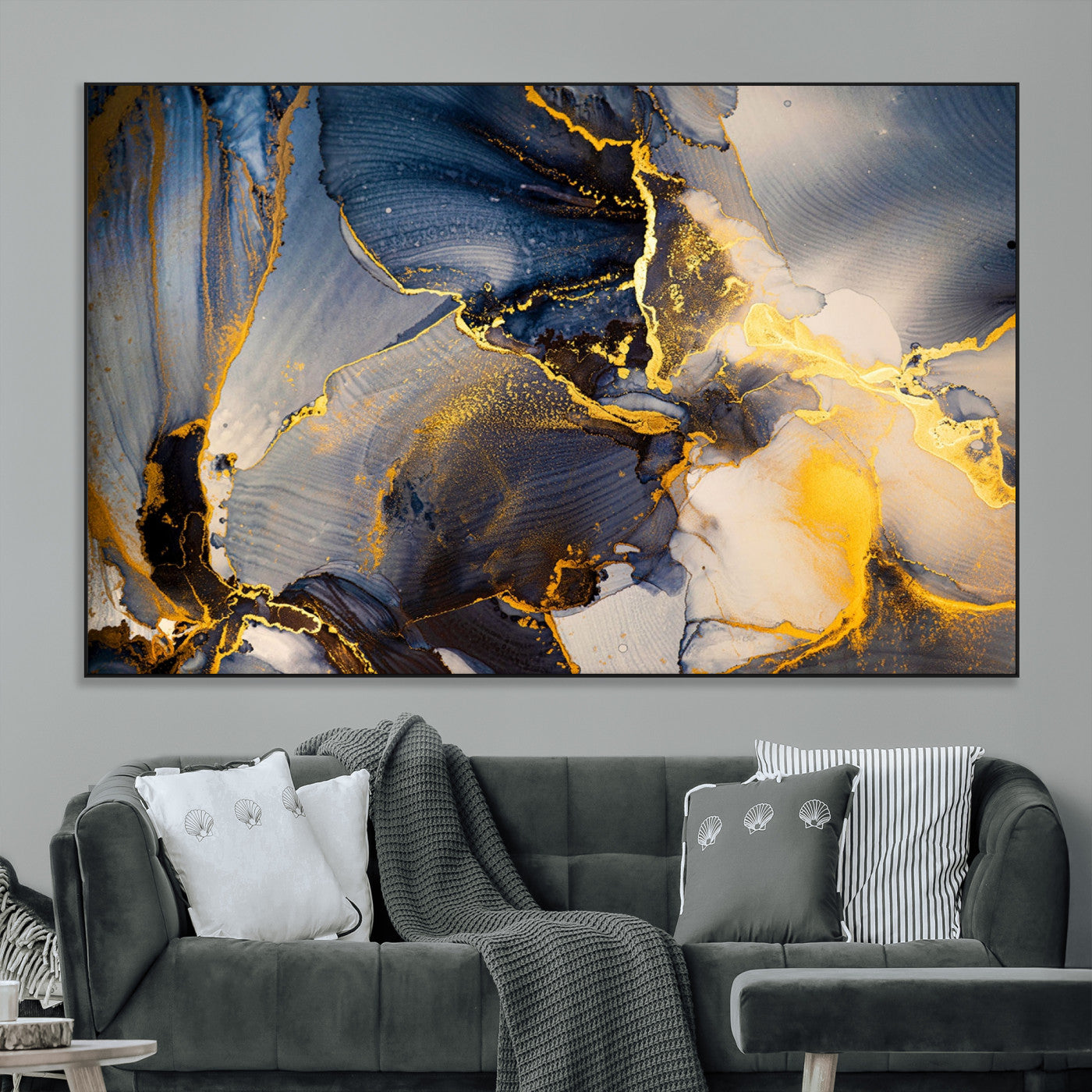 42100-MGV-CV-36X24-Golden Flow Abstract Wall Art – Panoramic Modern Blue and Gold Canvas Print, Contemporary Artistic Decor for Home, Office