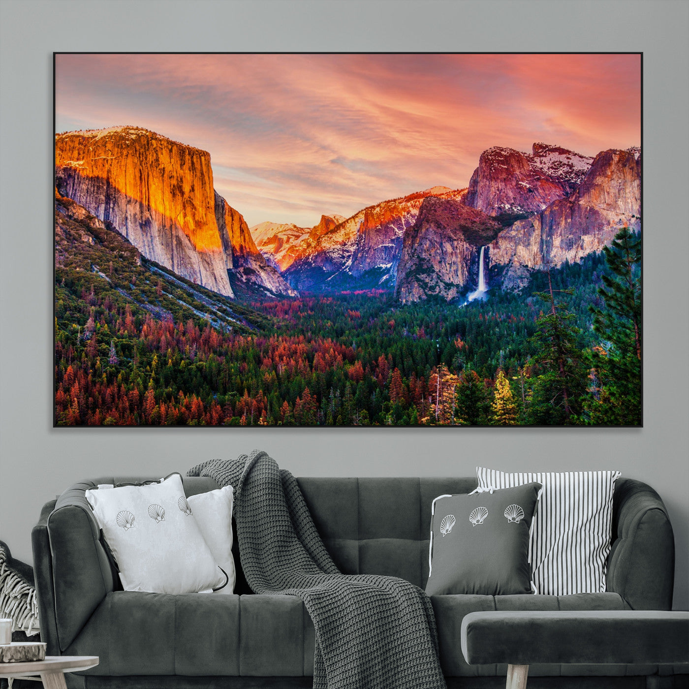 24519-MGV-CV-36X24-Yosemite Valley Sunset Wall Art – Majestic Mountain Landscape with Waterfall and Vibrant Sky, Nature Photography for Home or