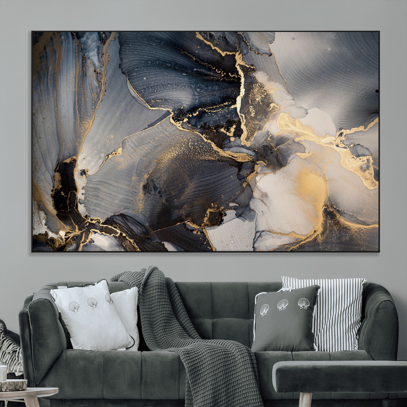 24068-MGV-CV-36X24-Luxury Abstract Wall Art – Gold & Gray Fluid Ink Painting Canvas, Modern Metallic Home Decor, Elegant Office or Living Room Accent