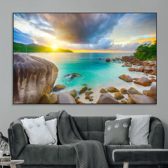 23769-MGV-CV-36X24-Tropical Beach Sunset Wall Art – Ocean Waves and Rocky Shore Canvas Print, Coastal Seascape Photography Decor