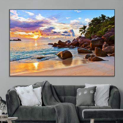 43209-MGV-CV-36X24-Tropical Beach Sunset Wall Art – Golden Ocean Waves and Palm Trees with Rocky Shore Canvas Print, Coastal Seascape Decor for