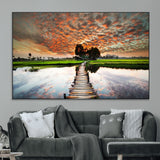 29105-MGV-CV-36X24-Rustic Wooden Bridge Wall Art – Scenic Sunset Over Rice Fields and Reflective Water Canvas Print, Nature Landscape Decor for